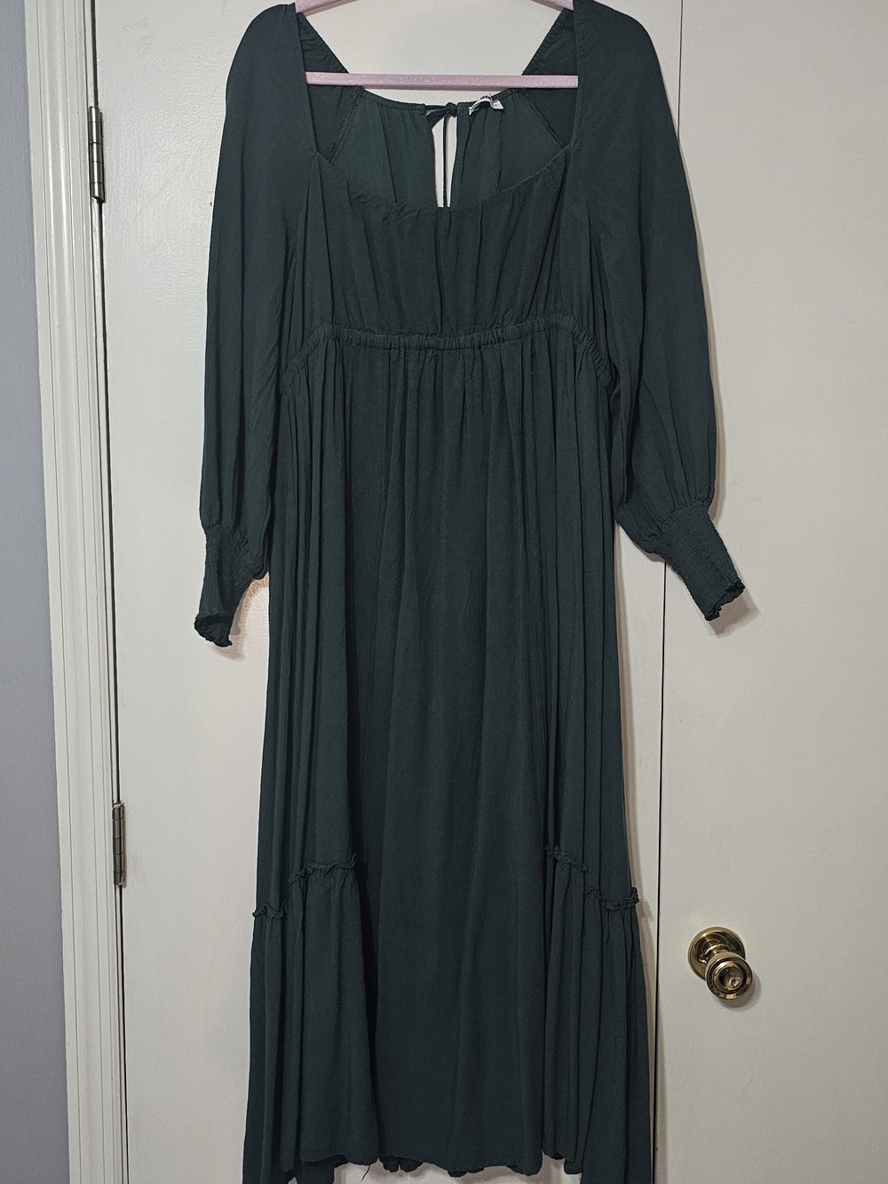 Women’s Forest Green Long Sleeve Smocked Waist Dress Sz Lg 100% Cotton ~in bloom